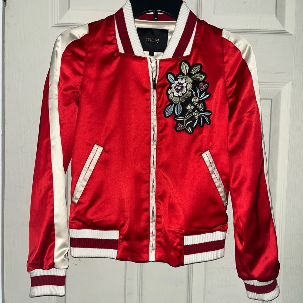 Maje Rouge Bomber Jacket Red Full Zip Size 36 Small Embroidered Womens